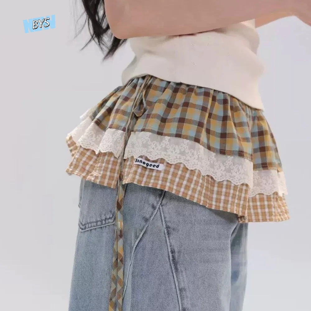 Retro Balletcore Plaid Fart Curtain Korean Style Lace Up Lace Mini Skirts Stacked Layered Ruffle Short Skirts Girl