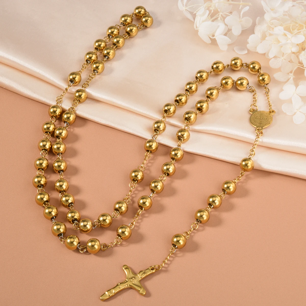 

Gold Plated Rosary Beads Necklace with Jesus Cross Pendant Catholic Religious Jewelry Long Chain for Prayer Devotion Gift