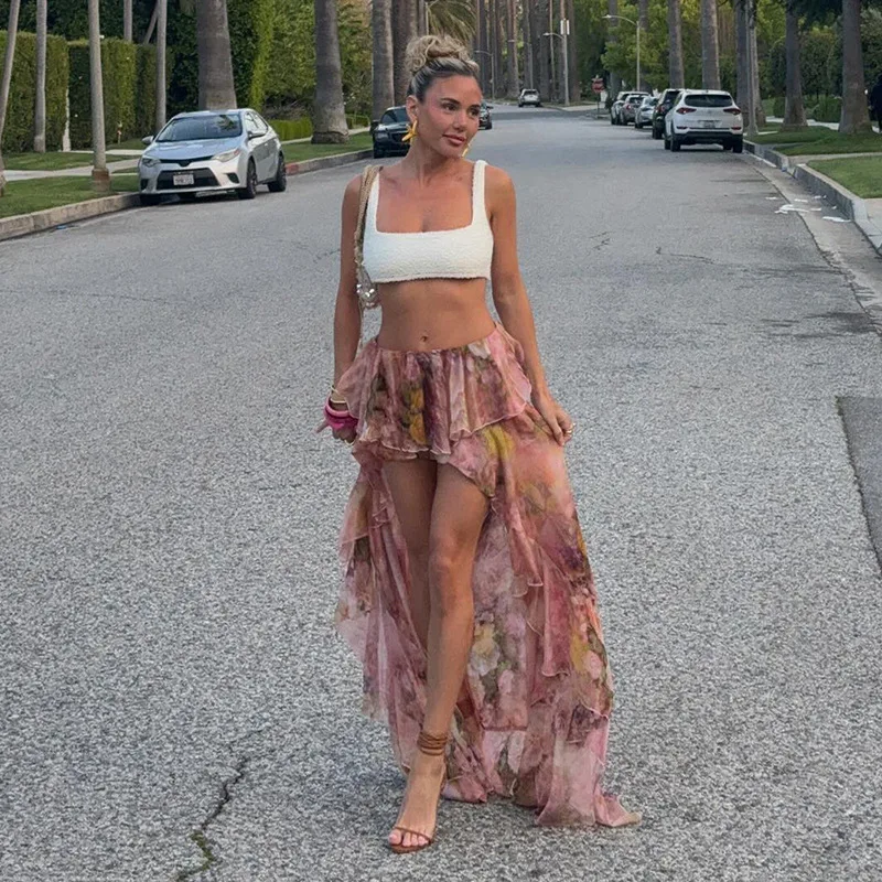 Sweetown Beach Boho Gonna arricciata in chiffon con stampa floreale Vita alta Svel Gonna lunga Dr Cake Sle Summer Women's Dr