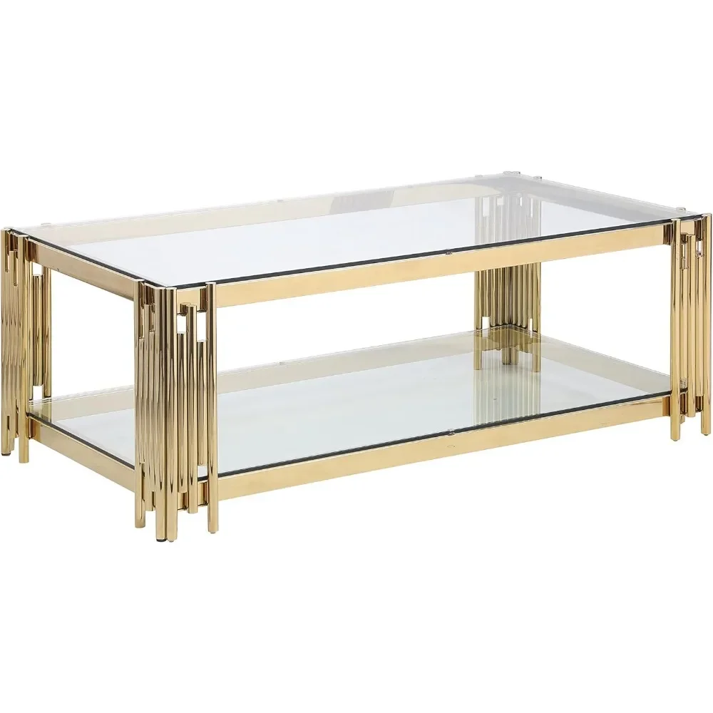 

Gold Stainless Steel Frame Glass Coffee Table, Living Room Double-layer Coffee Table, Glass Countertop Coffee Table