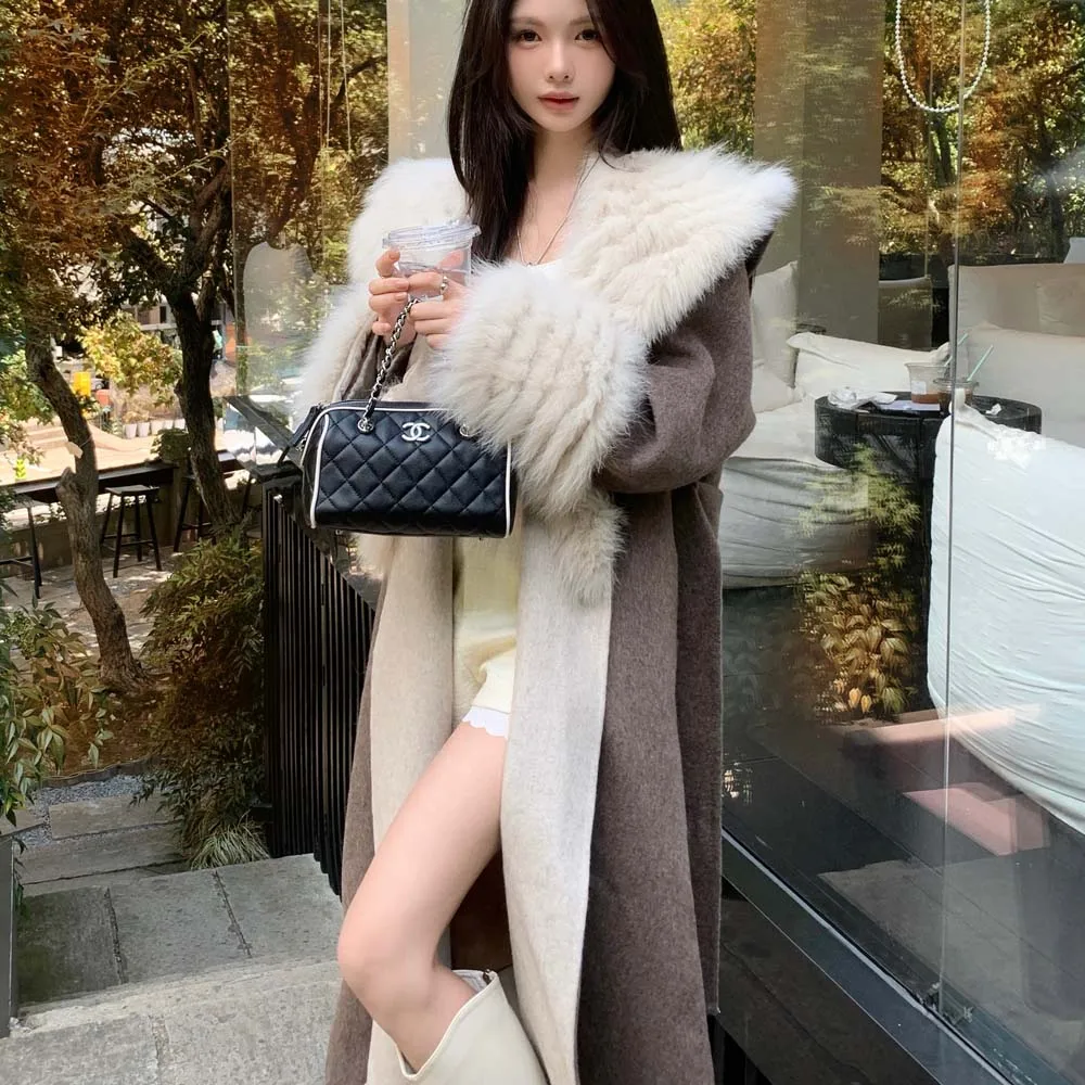 معطف شتوي حقيقي لعام 2025 بياقة من فرو الثعلب الطبيعي معطف فرو من صوف الكشمير سترة صوفية للسيدات ملابس خارجية معطف نسائي #5