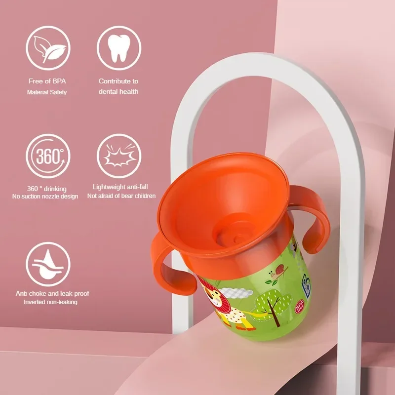 360 Rotated Cartoon Baby Learning Drinking Cup with Double Handle Flip Lid Leakproof Infants Water Cups Bottle BPA Free with Lid