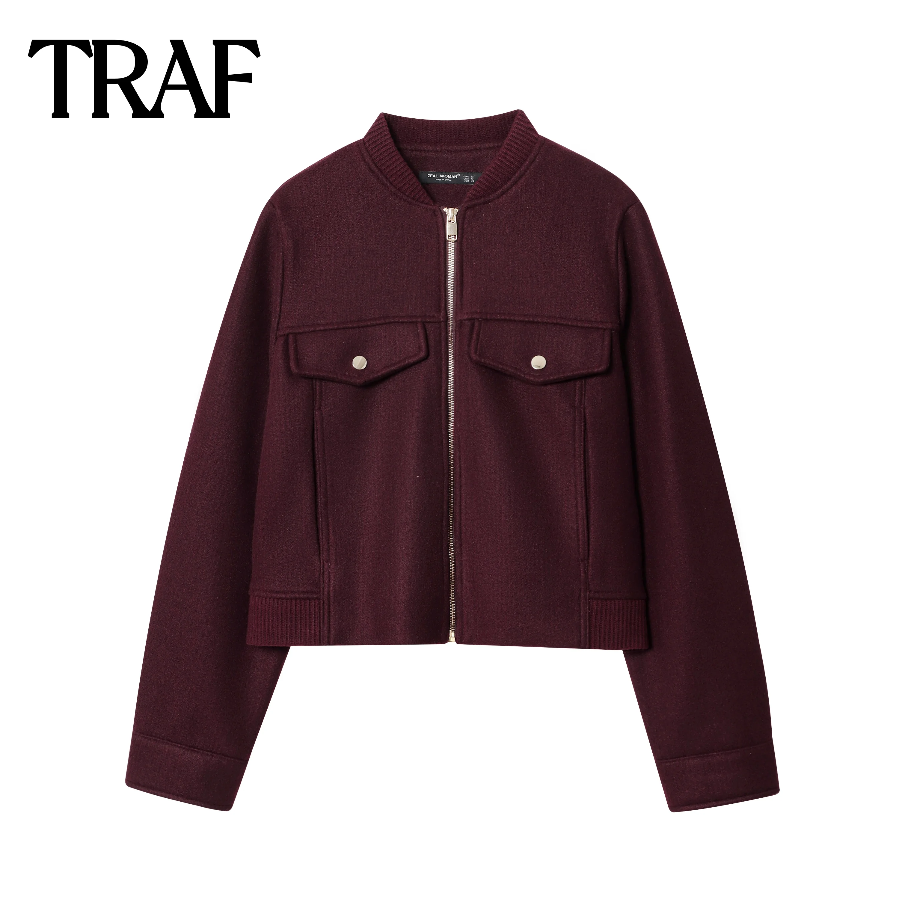 

TRAF French ribbed layer fashionable women's clothing autumn new item 2025 round neck zipper soft short jacket