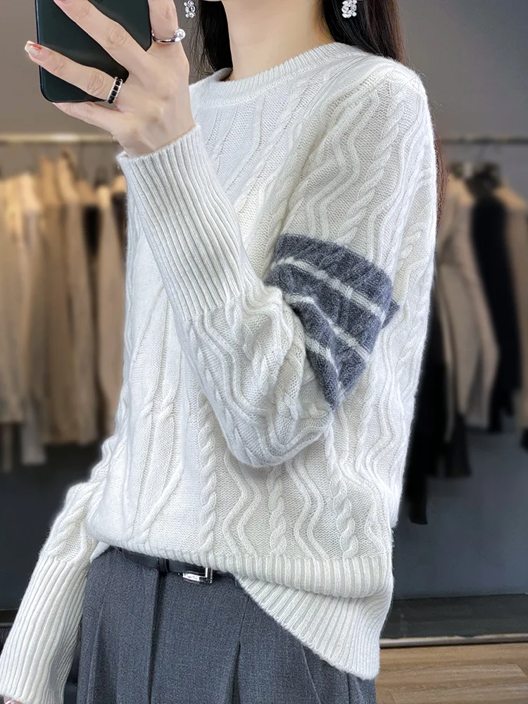 New Women 100% Merino Wool Pullover Autumn Winter Cashmere Sweater O-Neck Cable Stitch Knitwear Casual Soft Tops Korean Popular