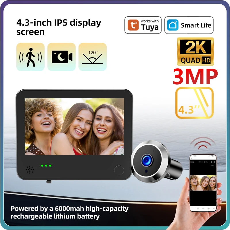 

Danmini Tuya Smart 1080P 4.3 Inch Screen Cat Eye Door Security Camera Wireless Door Digital Peephole 6000mAh Battery PIR Motion