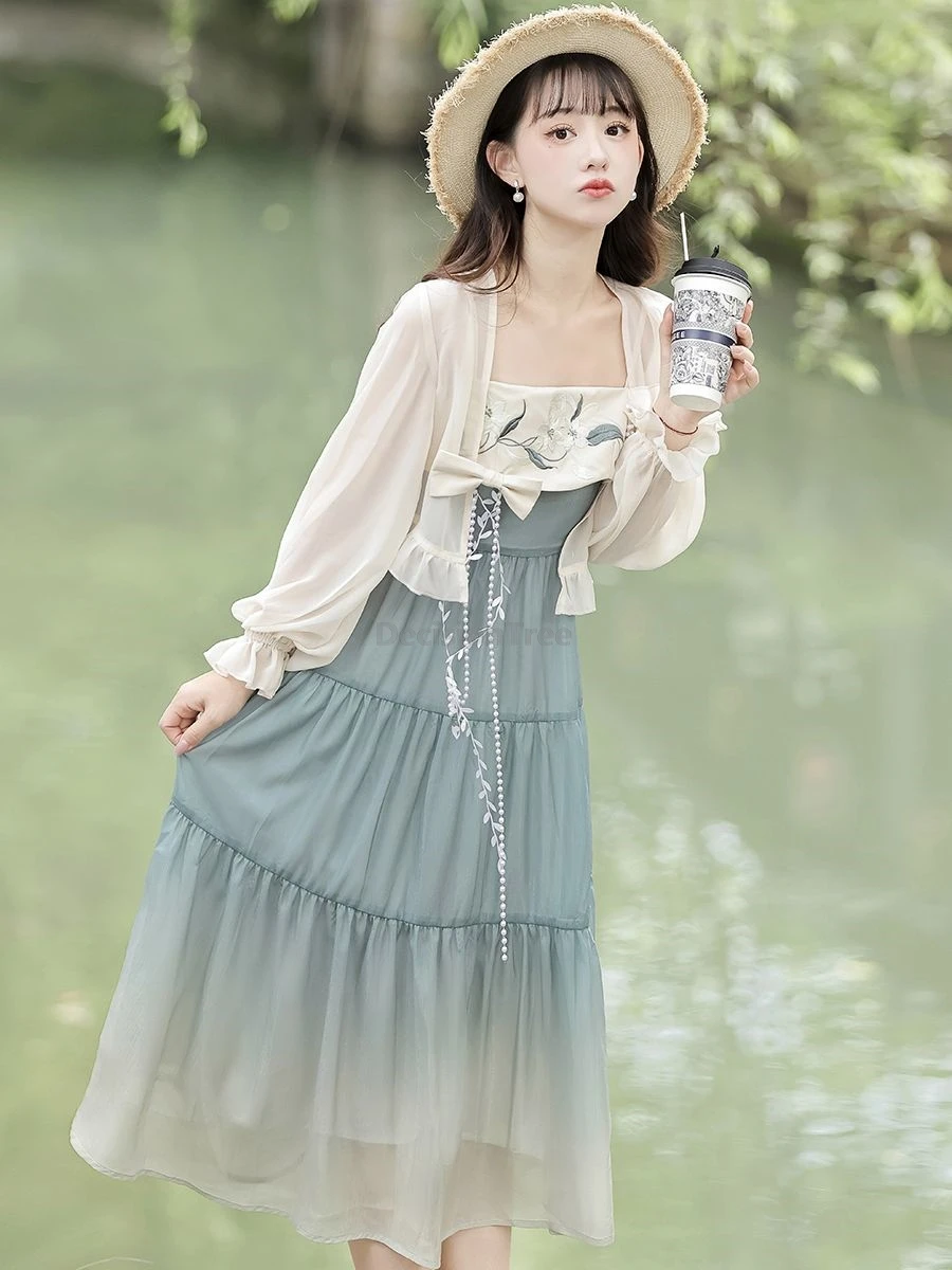 

2025 sweet style chinese daily hanfu set retro fairy gradient travel beach dress fashionable improved modern girls' hanfu dress
