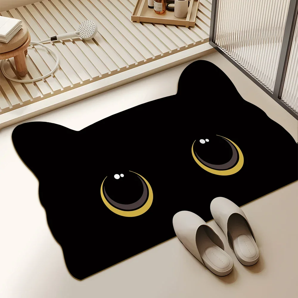 Cute Black Cat Shaped Quick-Dry Diatomaceous Earth Bath Mat Funny Cat Lovers Soft Diatom Mud Absorbent Floor Mat