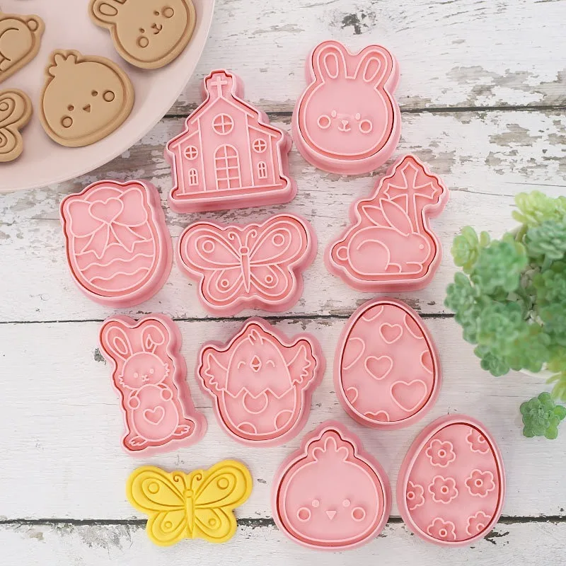 10pcs/set Rabbit Chick Figures Cookie Cutters Cartoon DIY Bakery Mold Biscuit Press Stamp Embosser Sugar Pasty Cake Mould Toys