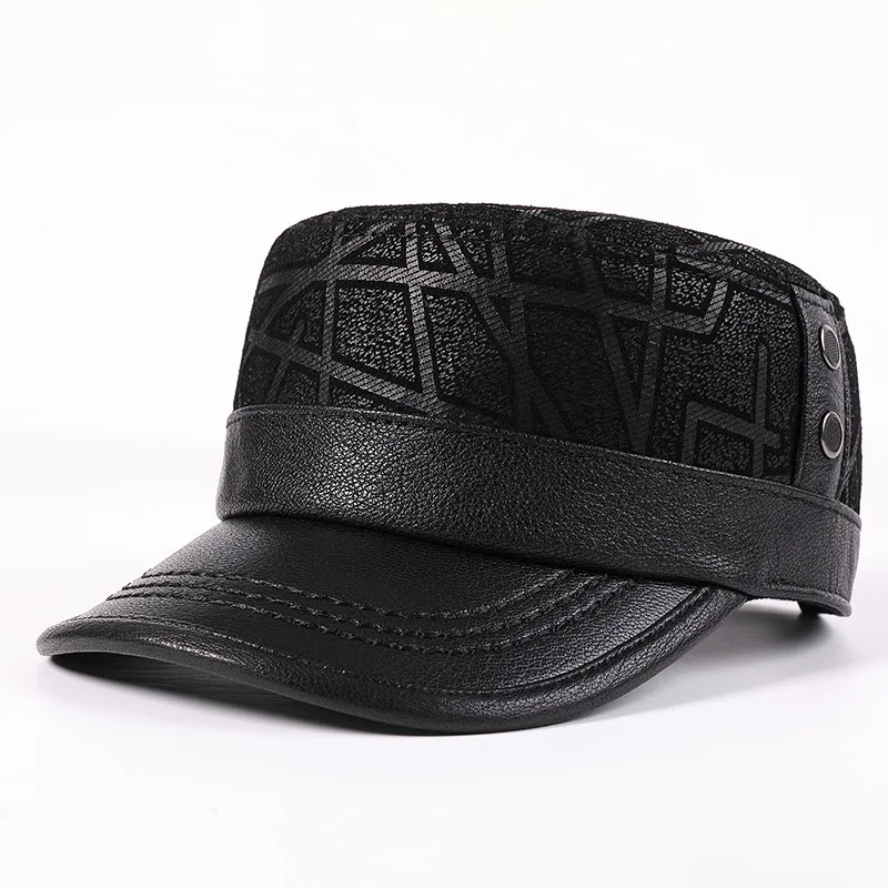 

New Autumn Winter Genuine Leather Cap Sheepskin Warm Military Hats Flat Caps For Men Adjustable Size Party Hats Snapback Cap
