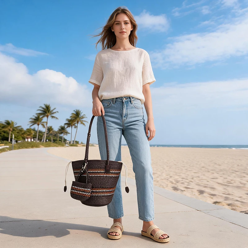 Rattan-Geflecht-Marktkorb-Schultertasche mit passender Geldbörse, handgefertigte gewebte Einkaufstasche für Damen, elegante Tragetasche – Detail 16