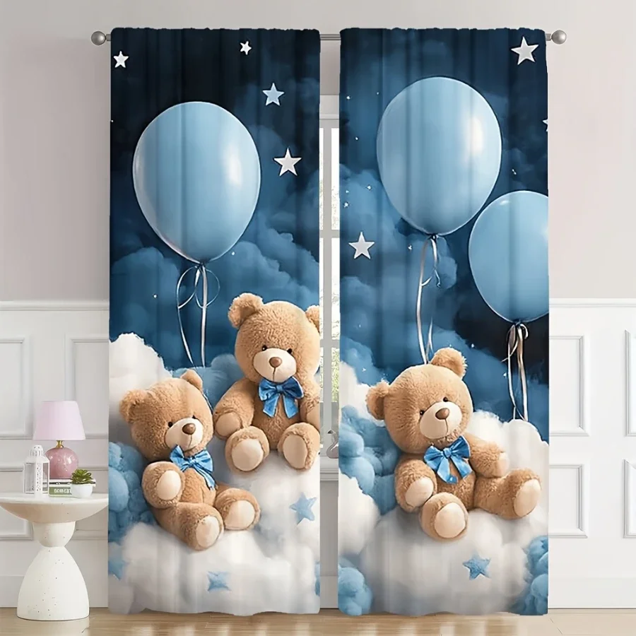 Cute Teddy Bear Balloons Nursery Curtains Blue Sky Dreamy Kids Room Decor Window Curtain Panels