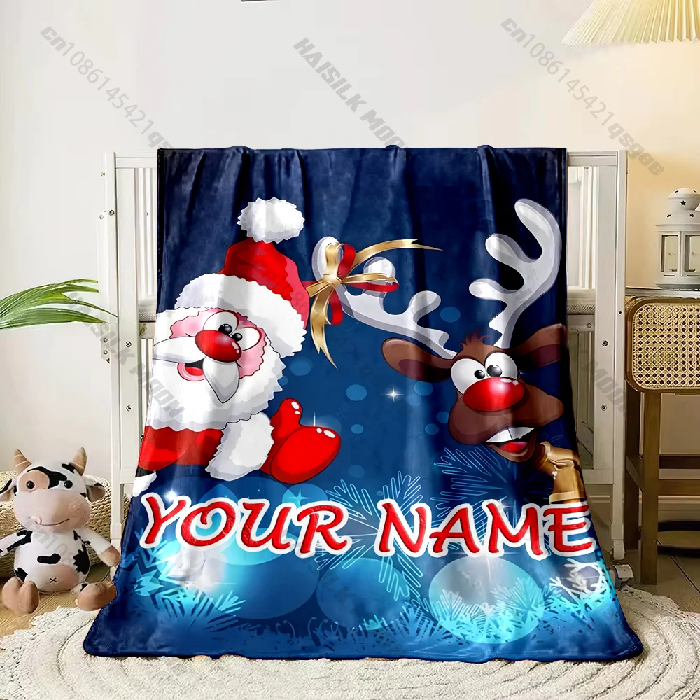 Custom Name Cartoon Santa Red Nose Reindeer Blanket Snowflake Background Flannel Throw Blanket Winter Sofa Christmas Decor Gift