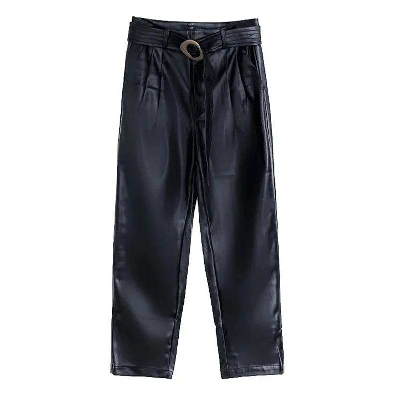 

Women Black Pu Leather Pants with Blet Solid Coloar High Waist Ankle Length Pants