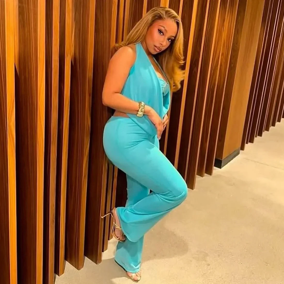 

Fashion Flare Jumpsuits Women Solid Metal Buckle Tube Tops + Swinging Collar Halter Backless Lace Up Booty Lifting Slim Overalls