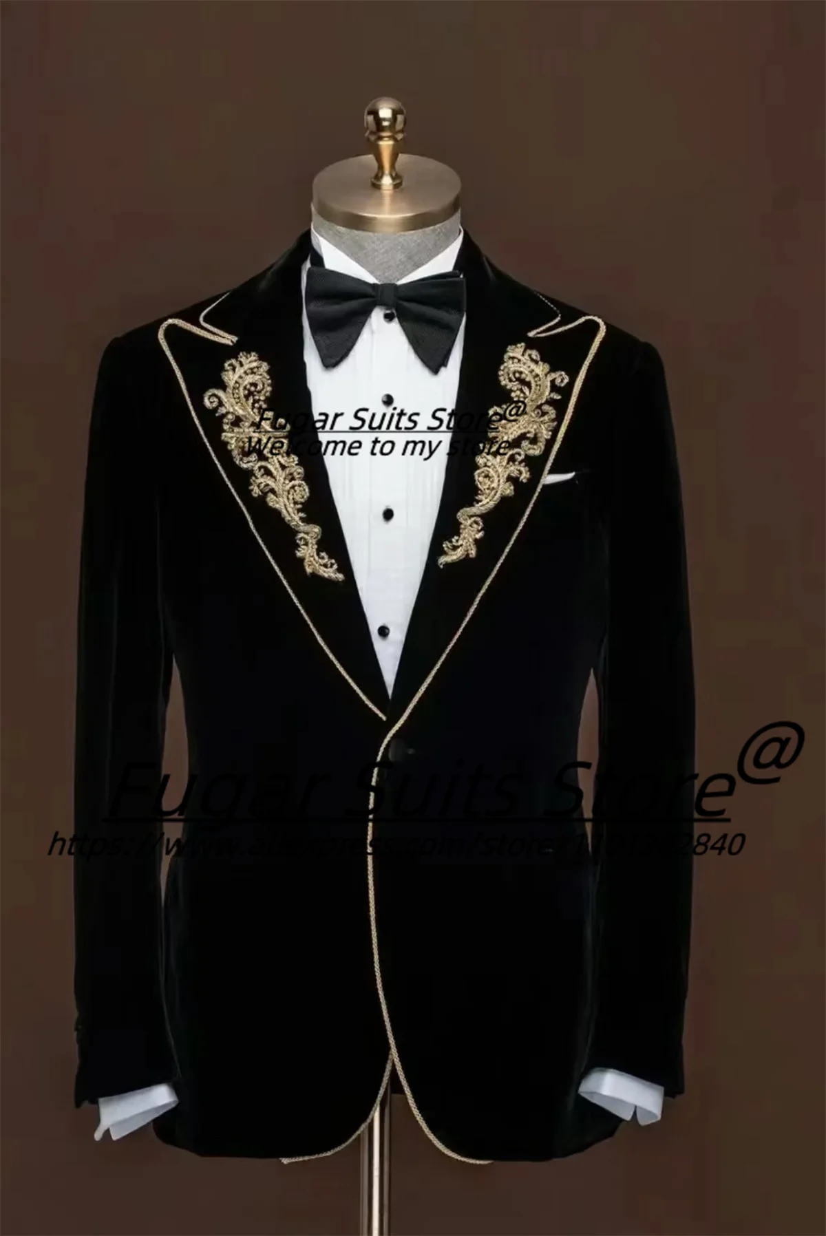 High-end Black Velvet Luxuly embroidery Wedding Suits For Men Slim Fit Groom Tuxedos 2 Pcs Sets Classic Male Blazers Ropa Hombre