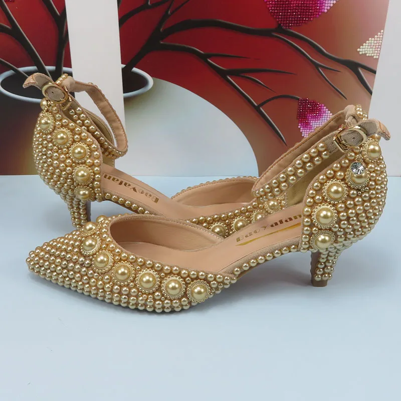 Champagne Pearl wedding Bridal shoes woman fashion Thin heel party dress shoe Lace-up Pointed Toe High Handmade Ankle Strap shoe