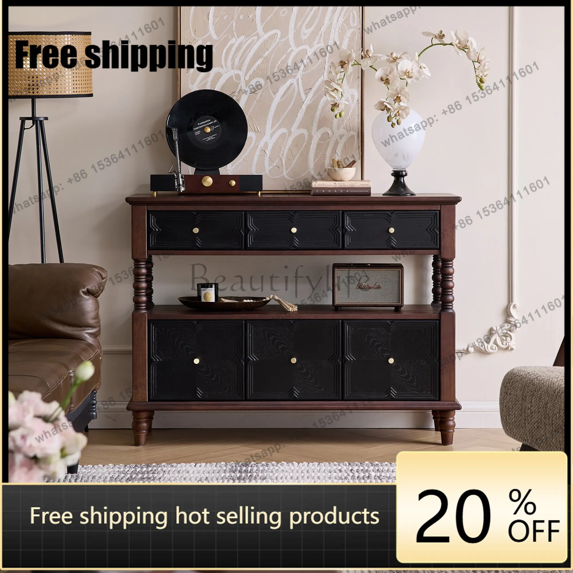 LD French Vintage Double-Layer Entryway Cabinet for Home Living Room Partition Solid Wood Sideboard