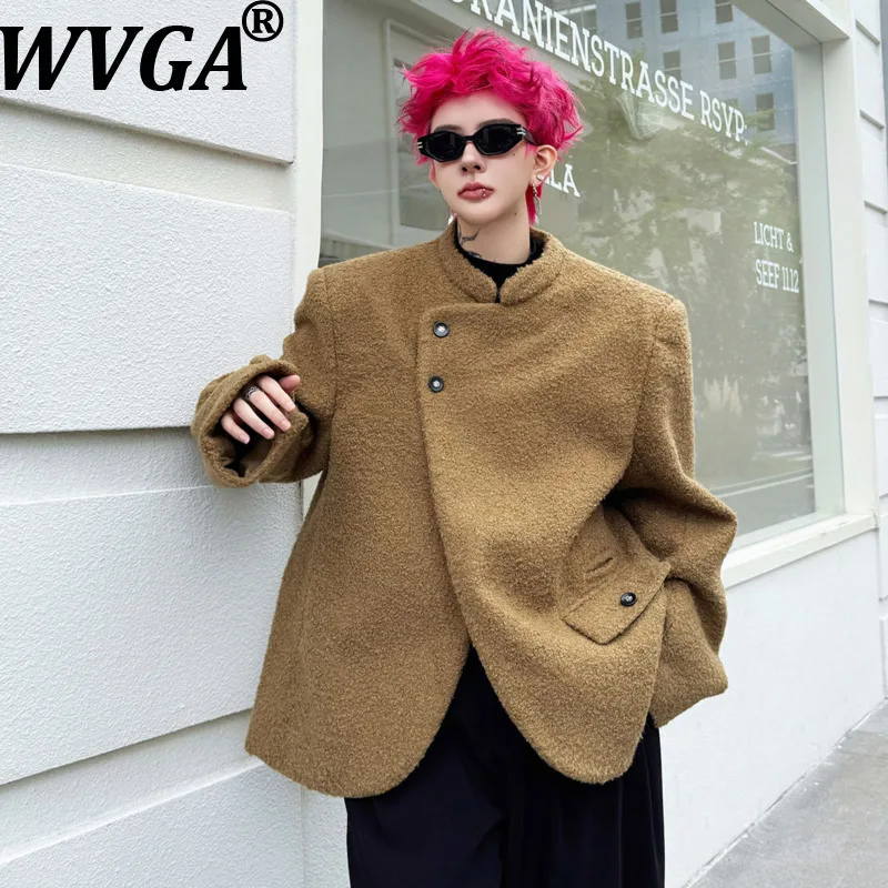 

WVGA Autumn Winter New Men Tide Stand Collar Wool Suit Coats Niche Chic Casual Asymmetric Placket Button Thickened Blazer W17392