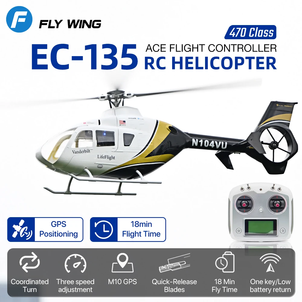 FLYWING EC‑135 RC Helicopter 470‑Level Scale ACE Flight Controller with GPS 18 Mins Flight
