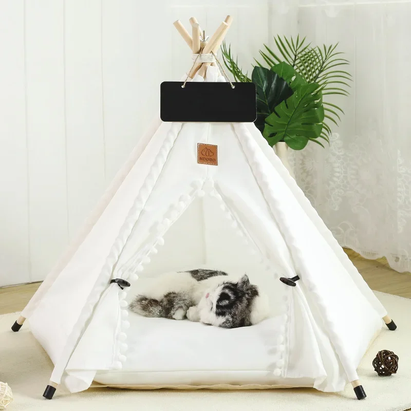 Dog and Cat Teepee with Cushion Washable Pet Tent with Blackboard and Green Leaves Pattern Cozy Bed for Small Pets