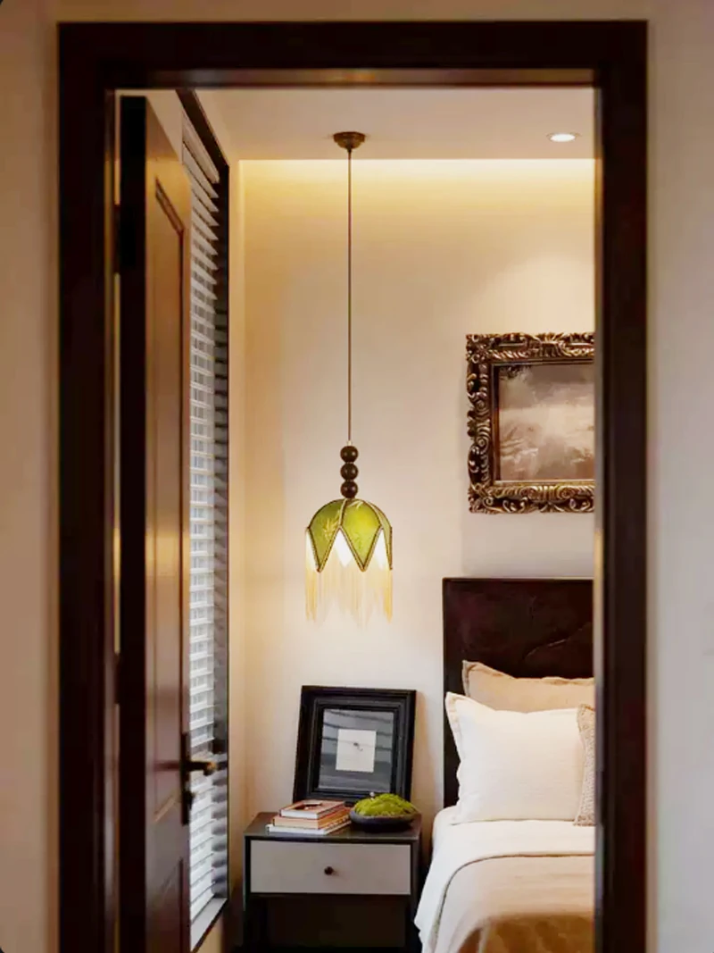 French Style Bedroom Bedside Pendant Light American Green Tassel With High-end Hanging Lamp Retro Entrance Bar led Light Fixture
