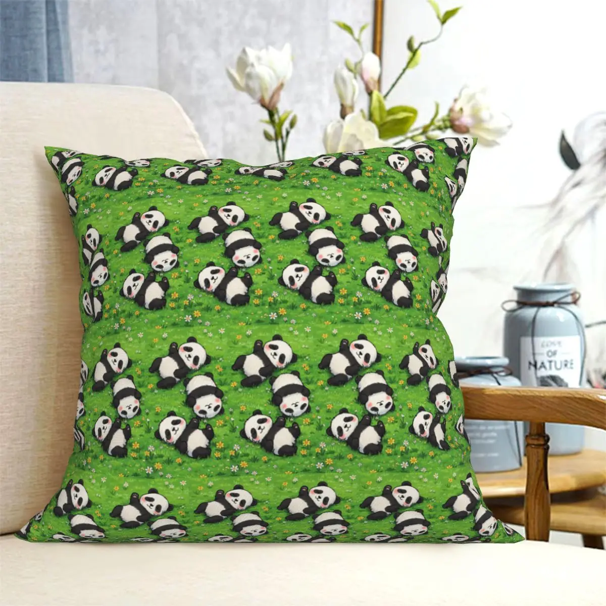 Adorable Panda Lying On The Grass Square Pillowcase Cushion Cover Pillow Case Throw Pillow Cover for Home Bedroom Car