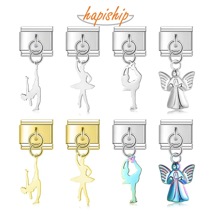 Hapiship New Stainless Steel Angel Ballet Gymnastics Flower Slip Charm Italian Links Fit 9mm Bracelet DIY Making Jewelry DJ712