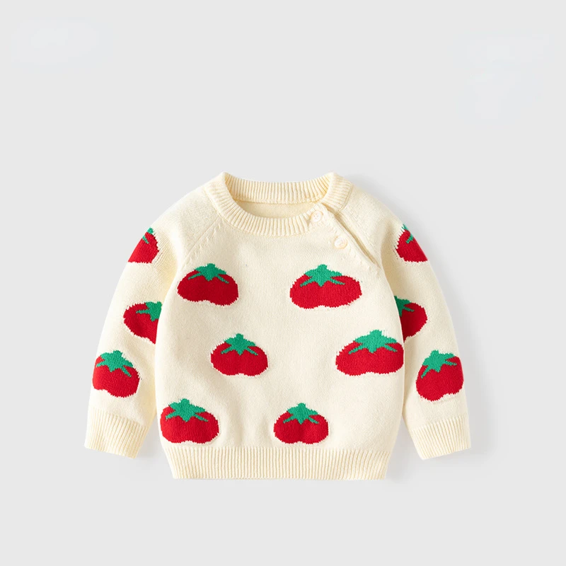 

Tomato Embroidered Sweater for Girls Knitted Sweater with Oblique Front Soft A-Class Baby Sweater for Autumn Winter Pullover