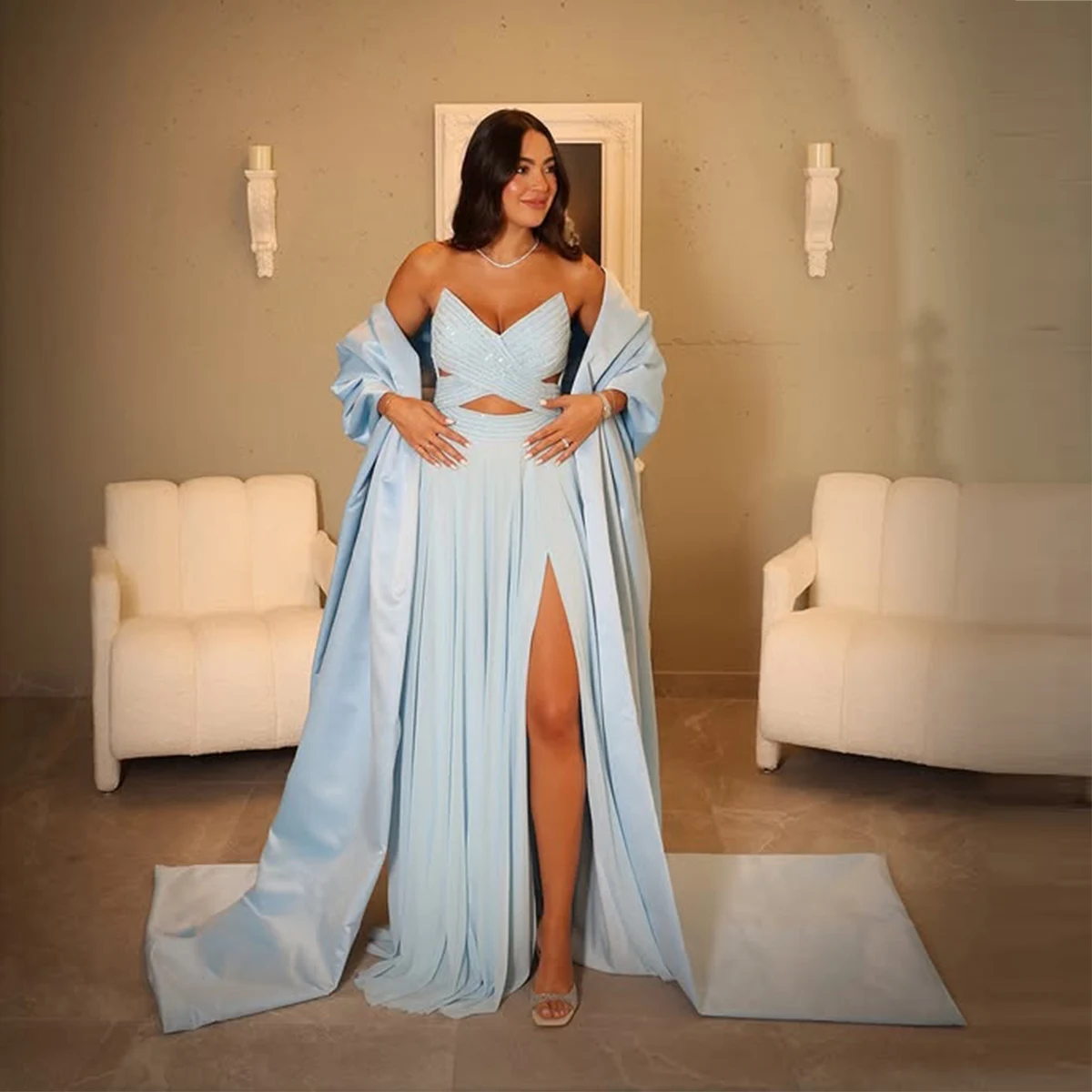 

Светло-голубое платье для выпускного вечера из двух частей, сексуальное атласное вечернее платье трапециевидной формы с высоким разрезом, вечернее платье с скользящим шлейфом