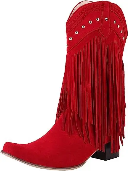 Retro Women Tassel Cowgirl Boots Shoes 2024 New Fringe Middle Heels Western Boots Fashion Slip-on Wedge Pointed Toe Boots Female