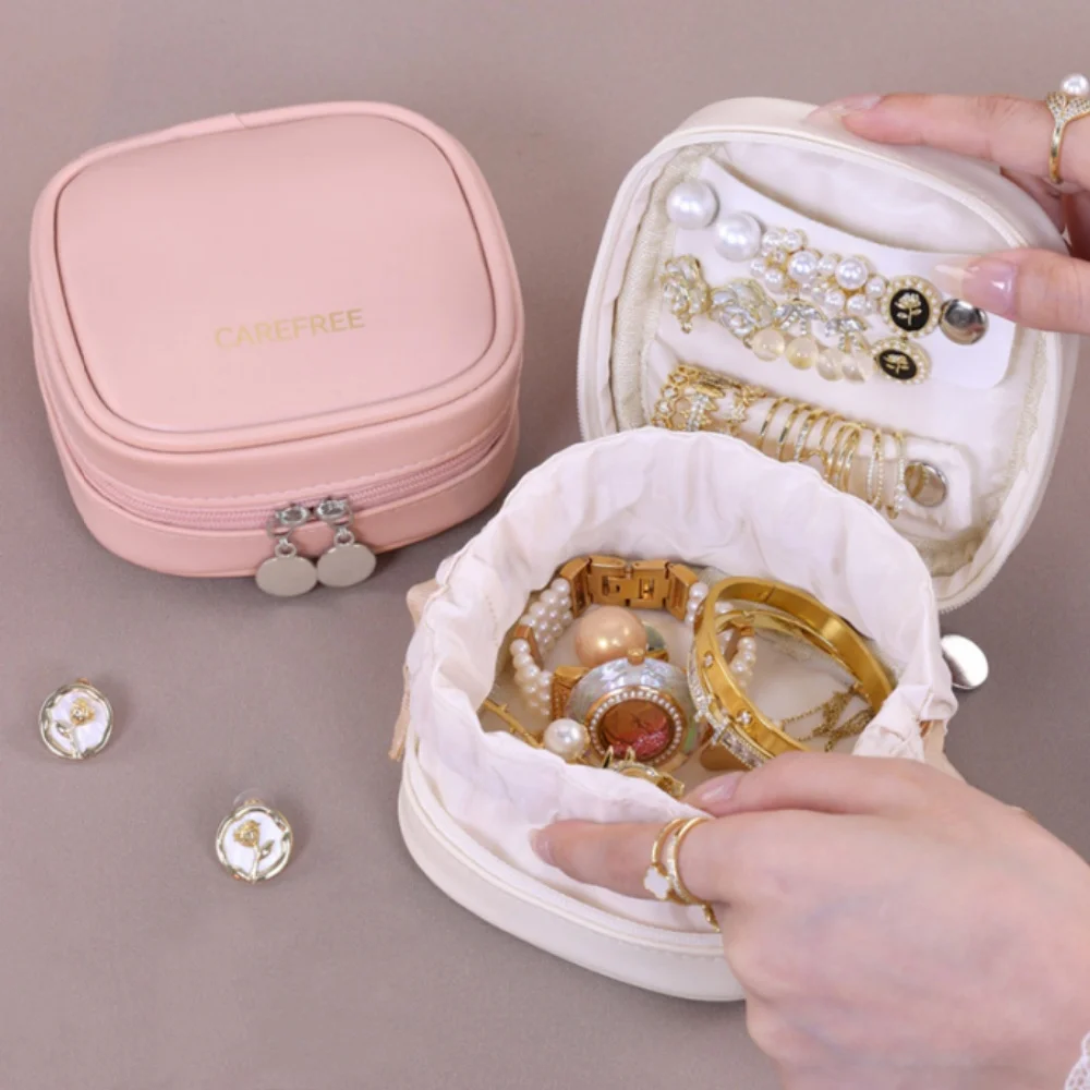 Draagbare sieradendoos met tas met trekkoord Reisketting Armband Oorbellen Ring Opbergzakjes Pu lederen sieraden organisator tas