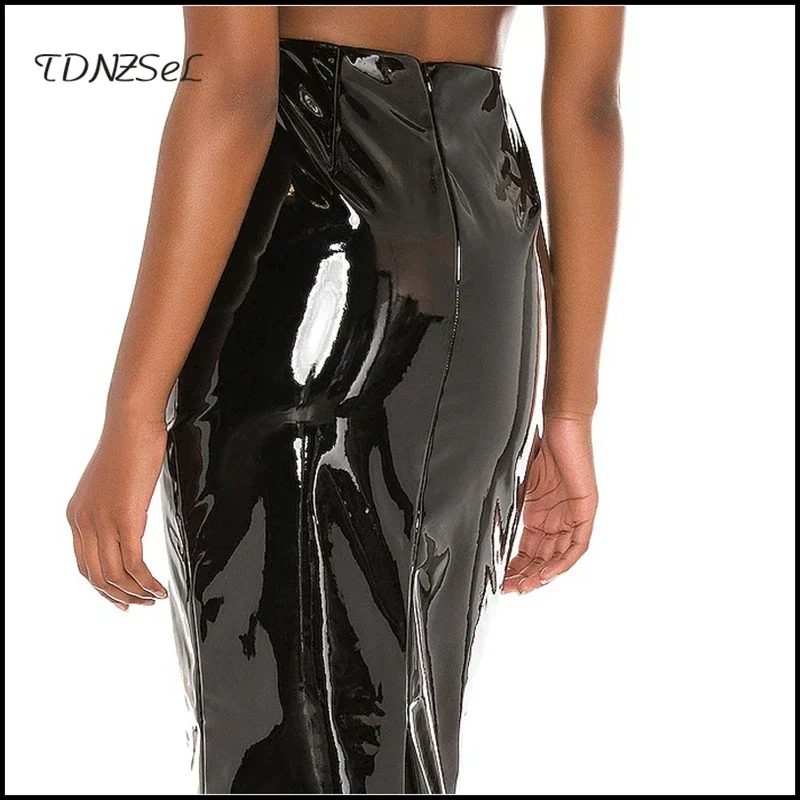 

Women Cute Shiny Faux Leather High Waist Slim Midi Skirts Office Lady Stretch Skinny PU Pencil Skirt Hems Split Support Custom