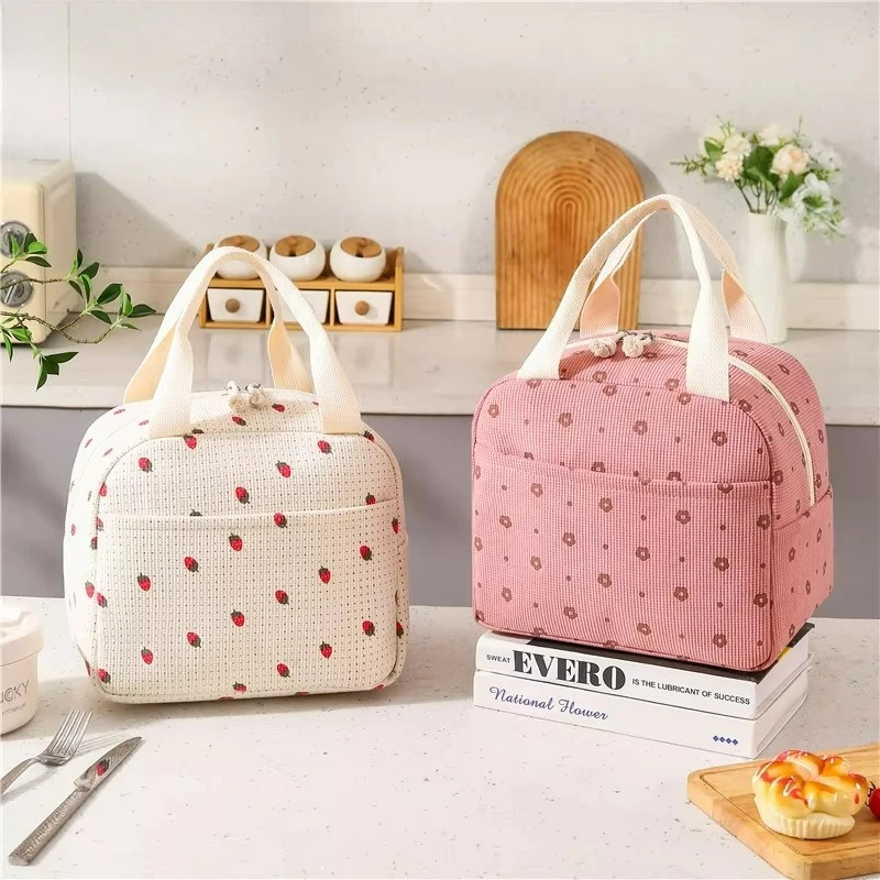 Cute Flower Insulated Lunch Box Bag ,Large Capacity External Corduroy Material, Internal Waterproof Durable Thermal Handbag