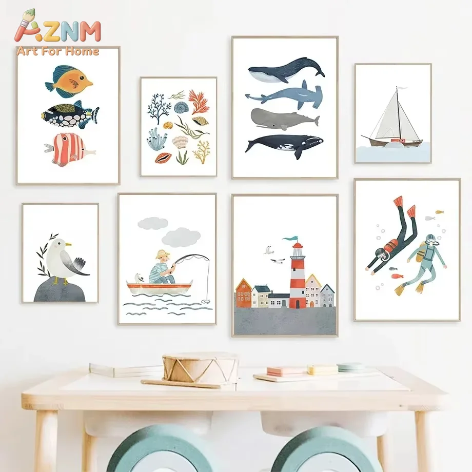 1PC Sailboat Lighthouse Whale Seagull Shell Diver Canvas Painting Posters and Prints Wall Art Picture For Living Room Decoration