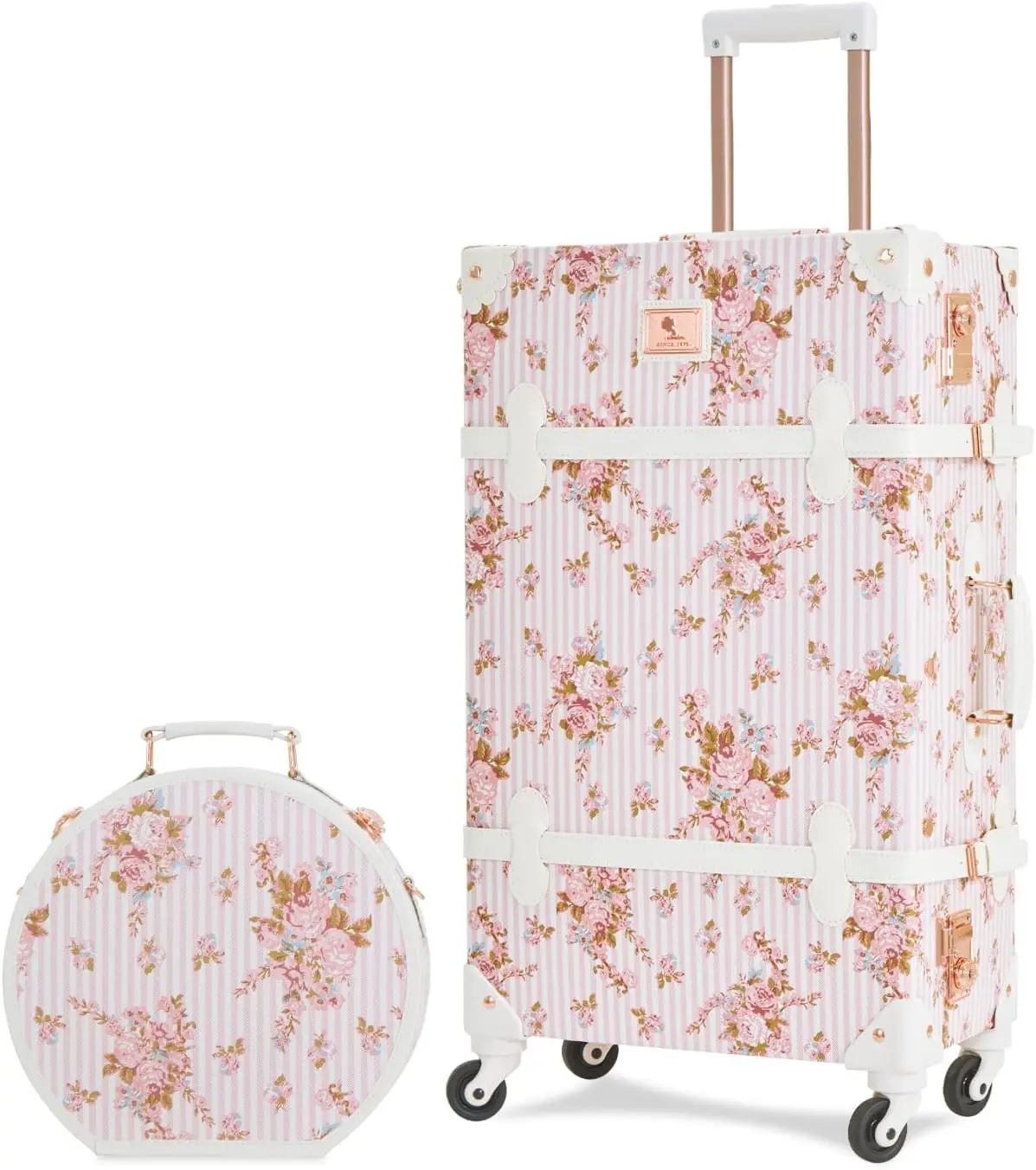 2 Piece Vintage Luggage Set, 26Inch Women Cute Suitcase With Hat Box Cosmetic Case (Pink Floral, 26In+12In)