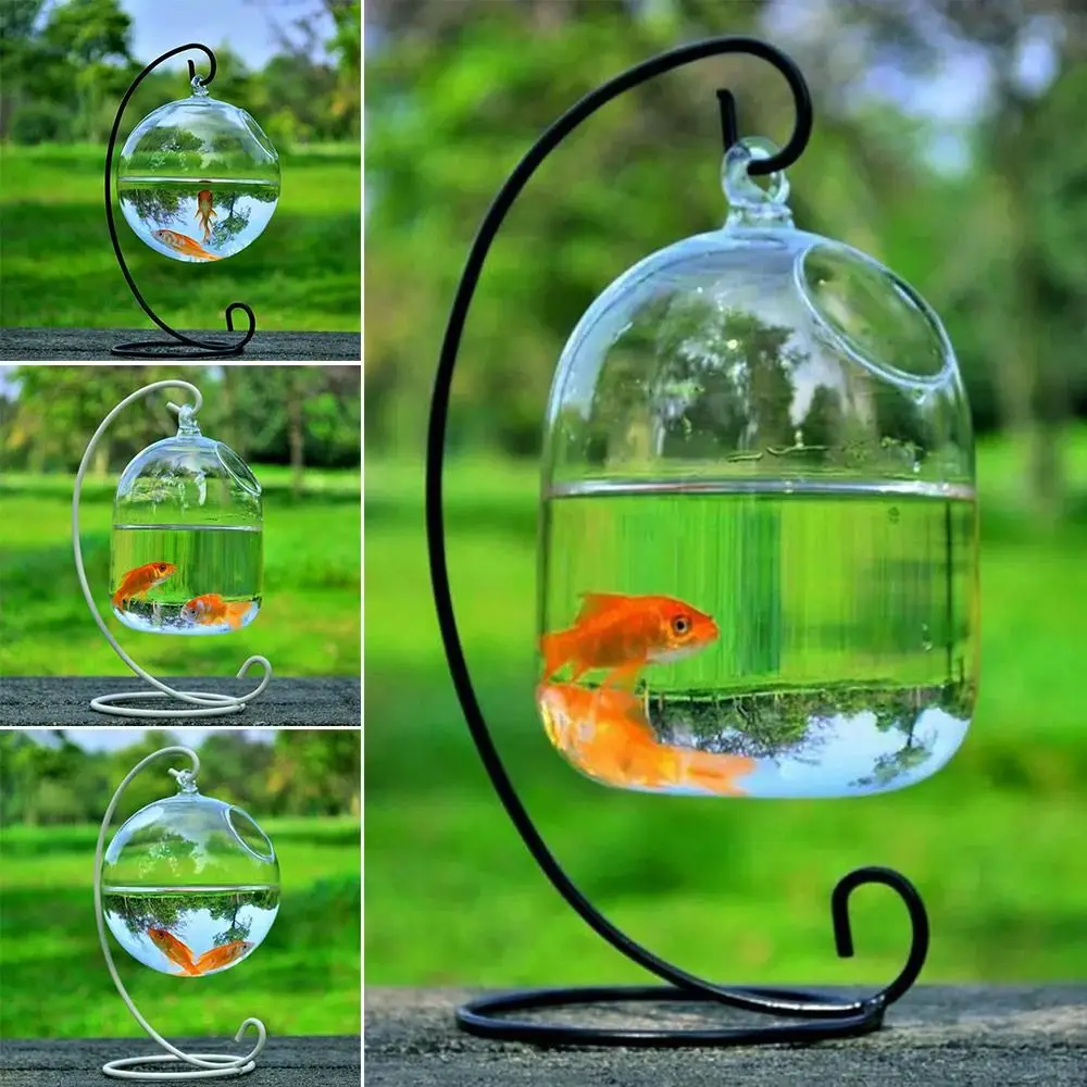 Round/Rectangle Shape Hanging Glass Aquarium Fish Tank Fish Bowl Transparent Vase Ornament With Rack Holder Home Decoration