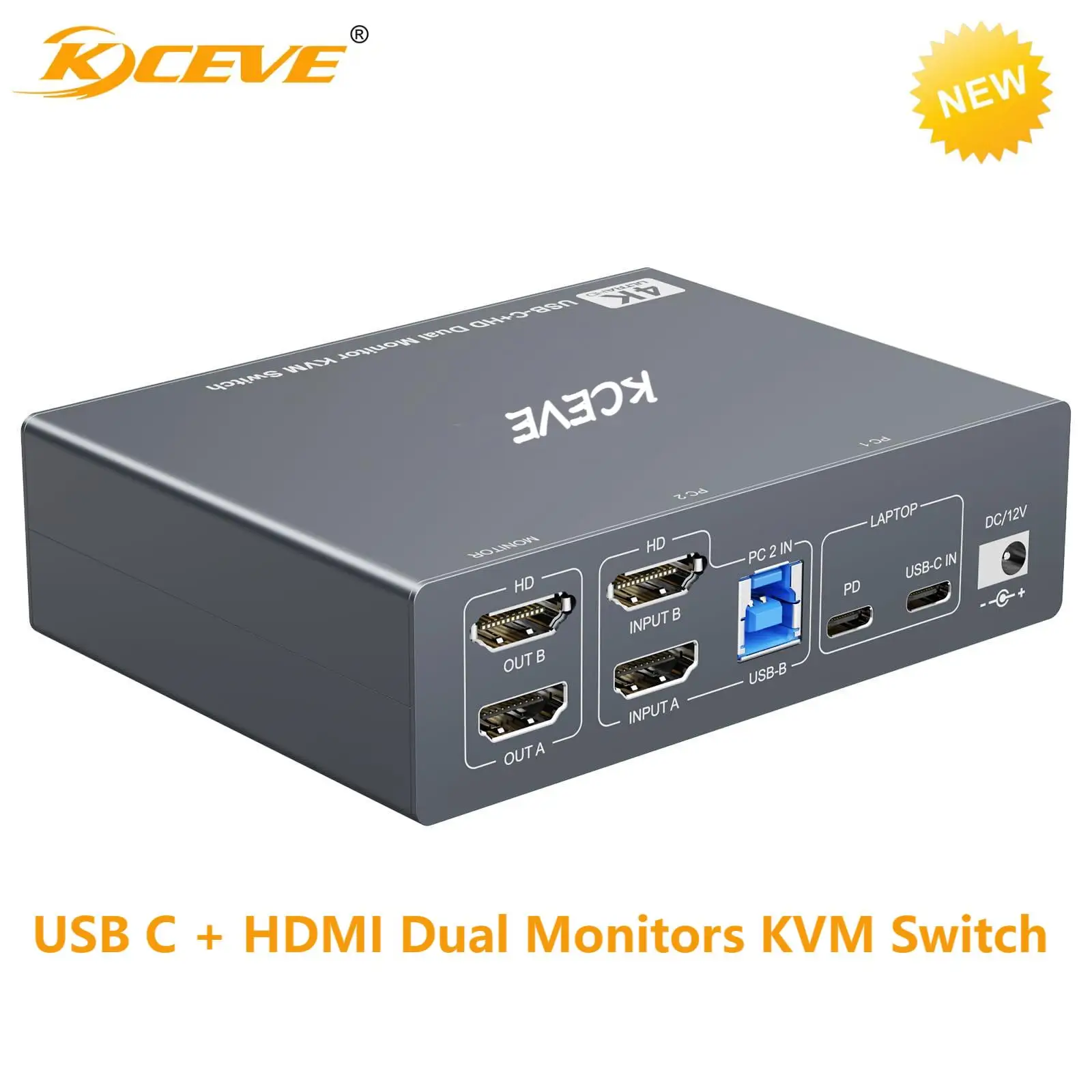 NEW Dual Monitor KVM Switch for Laptop & Desktop 4K@60Hz,KCEVE USB C + HDMI KVM Switch 2 Monitor 2 Computer with 4 USB 3.0 Port