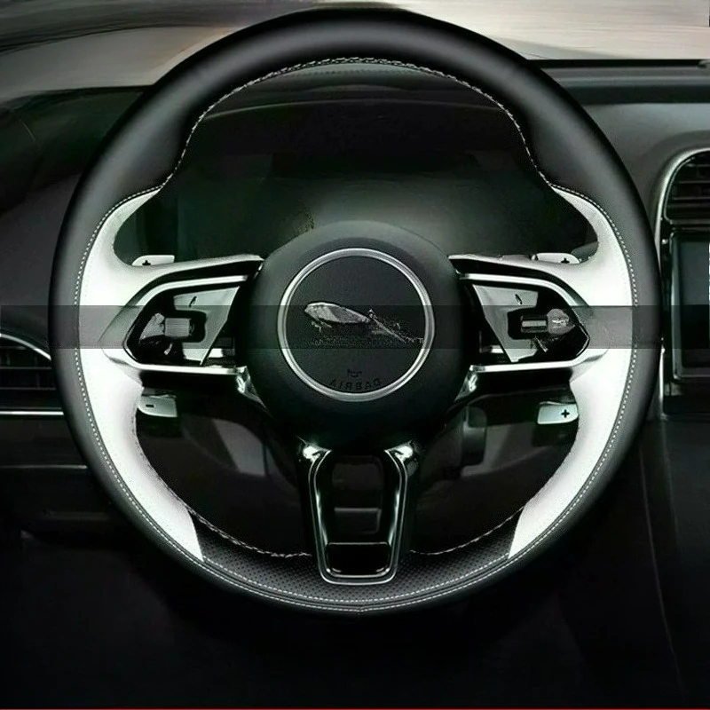 Hand Stitched renovate wear-resistant Anti-slip black white leather Steering wheel cover For Jaguar XFL、XEL、F-PACE（2021‑2026