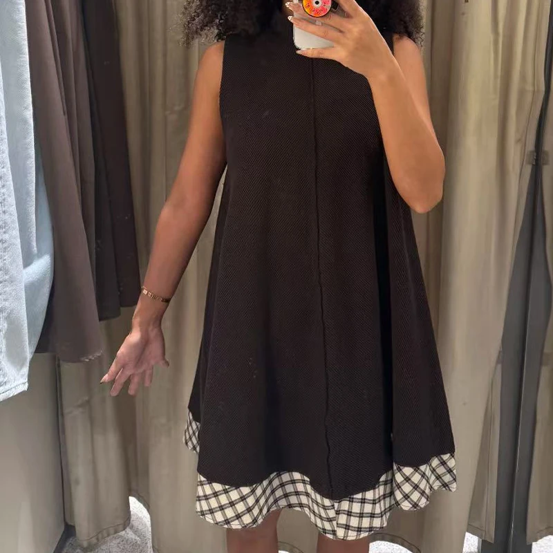 Womens Dress Sleeveless Semi High Collar Plaid Patchwork Short Fashionable Dress A Must Have Item For Spring And Autumn