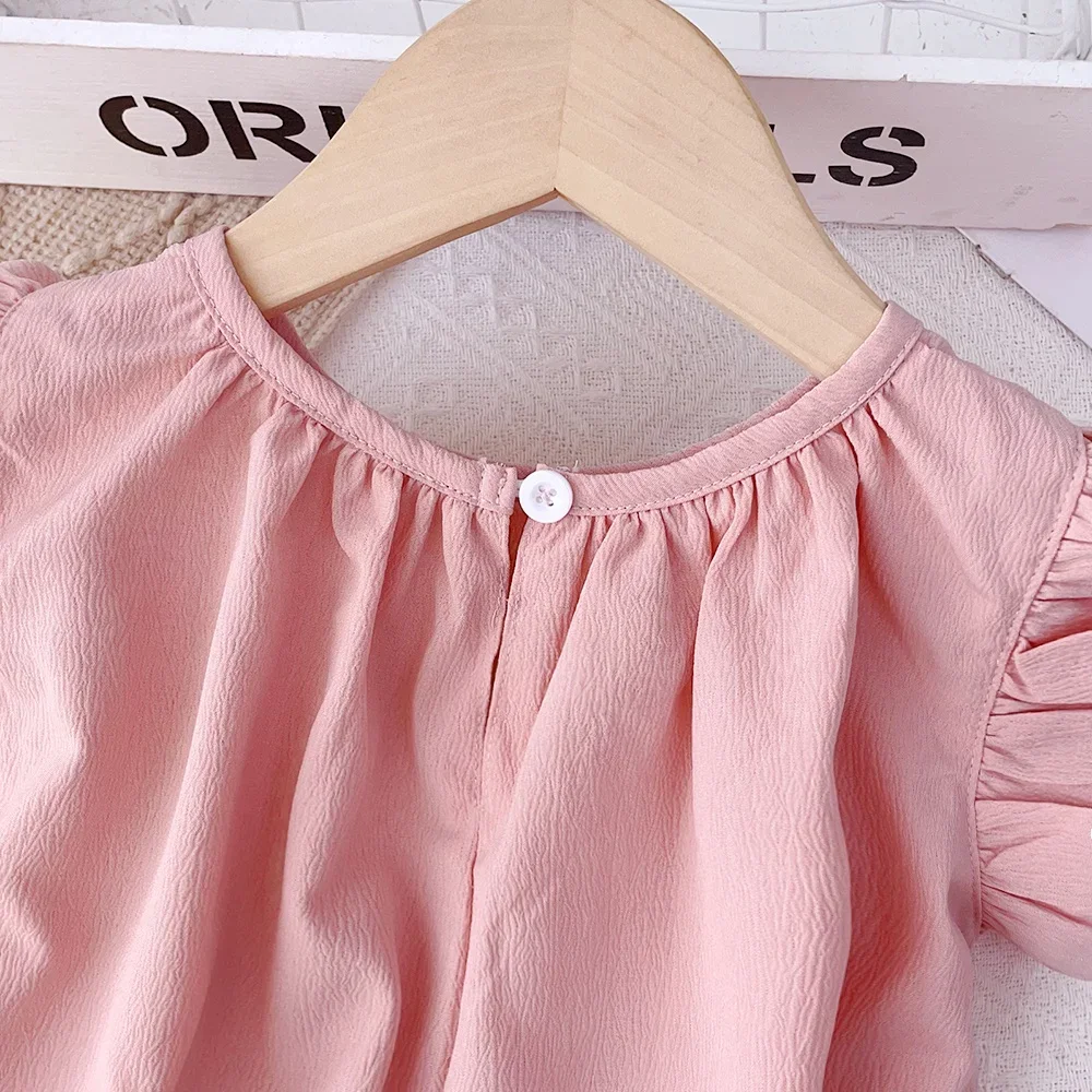 3-7Y Baby Girls Princess Dresses Round Neck Summer Solid Color Kids Dress Flying Sleeve Pleated Pink Girl Clothes