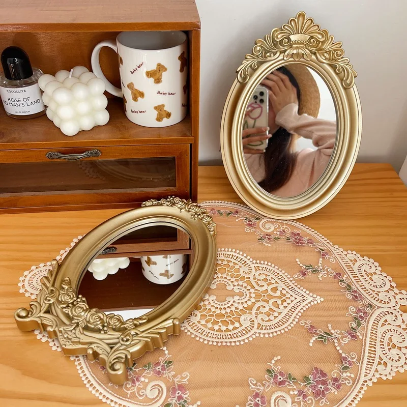 Rustic French Palace Style Carving Frame Table Mirror Gold Mirror Tray Home Decorative Mirror Bedroom Table Makeup Mirror