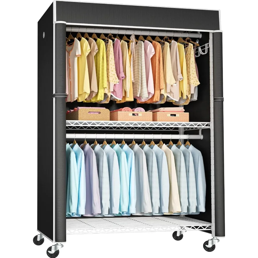 رف ملابس أبيض مع غطاء أسود P1C Plus خزائن دوارة مع عجلات للمنزل والخزانة يستخدم رف الملابس المعدني عالي التحمل #1