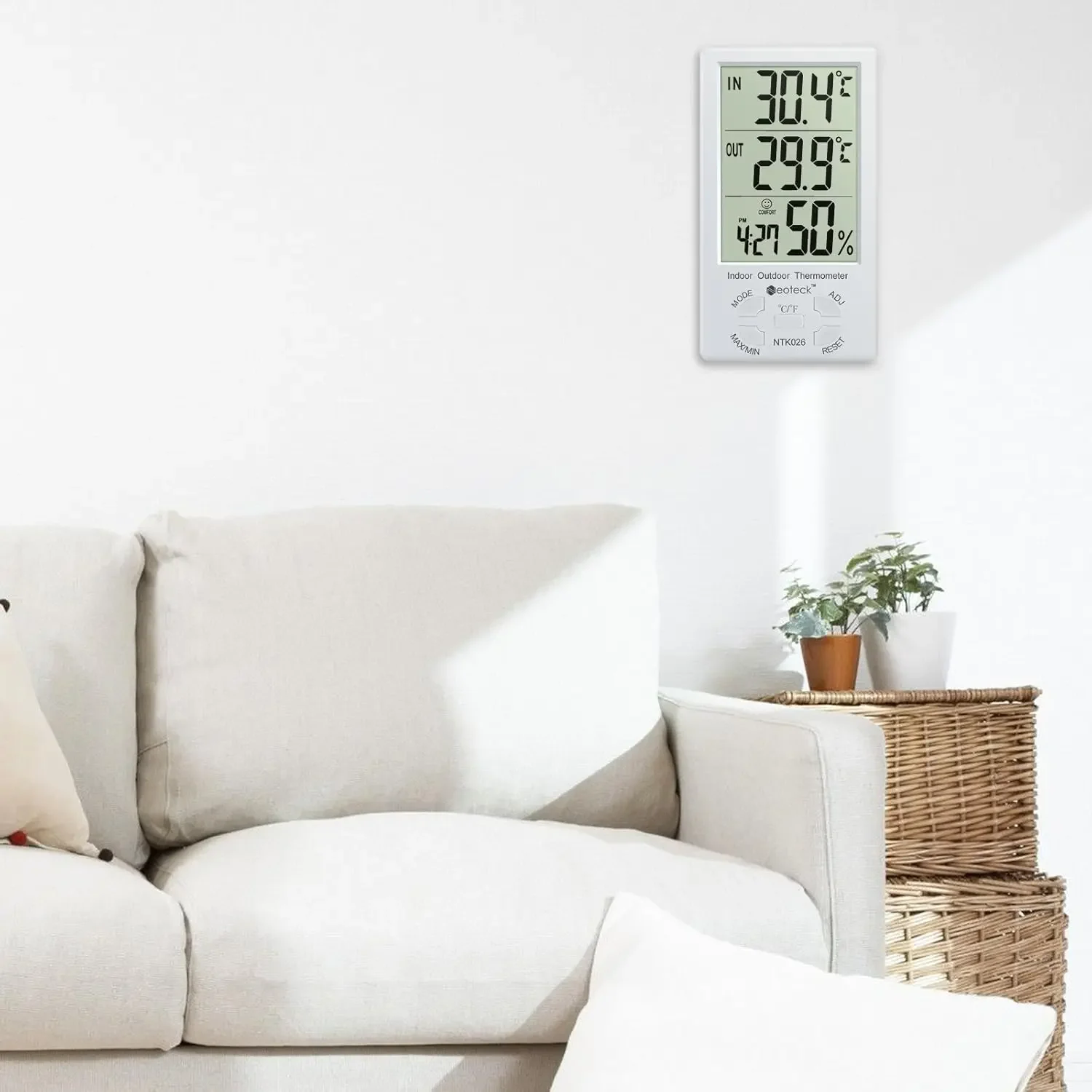 2 in 1 Digital Hygrometer with LCD Display Time Display Humidity Thermometer Temperature Meter Sensor Wire for Indoor Outdoor