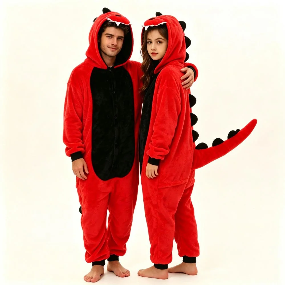 Pijama Kigurumi de Dinosaurio Rojo para Adultos, de Franela, Estilo Animal de Dibujos Animados, Ropa de Dormir para Parejas, Cálido para Invierno, con Capucha