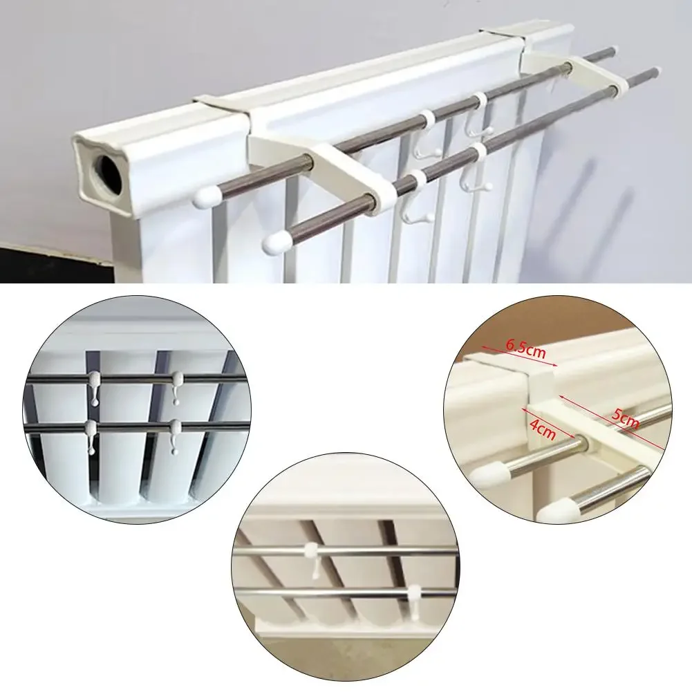 Double Pole Radiator Towel Rail With 4 Hooks Radiator Clothes Drying Rack Towel Rack Punch-free Wall-mounted Clothes Drying Rack