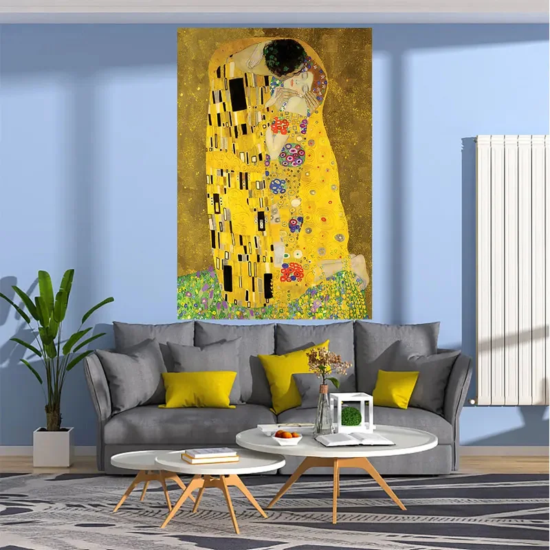 The Kiss Of Gustav Klimt Printed Tapestry Painting Of Famous Artists Living Room Decoration Art Aesthetic Home Decorative # 0@