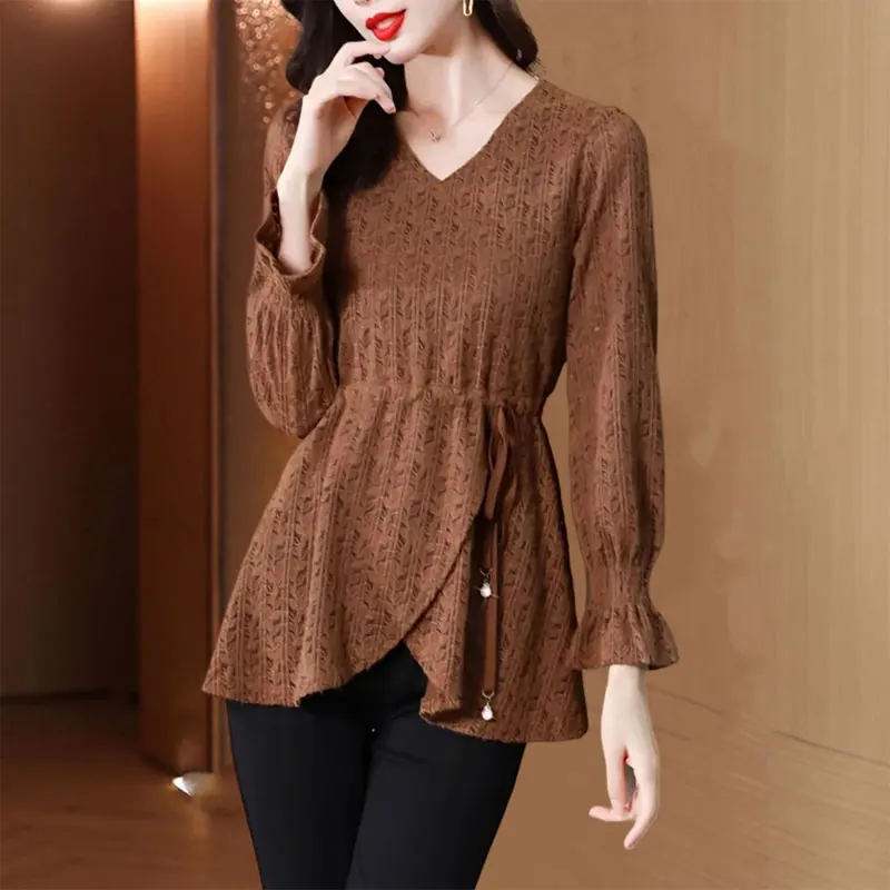 Commute Solid Color Lace Shirt Spring Autumn Long Sleeve Stylish Asymmetrical Women\'s Clothing V-Neck Slim Drawstring Blouse New