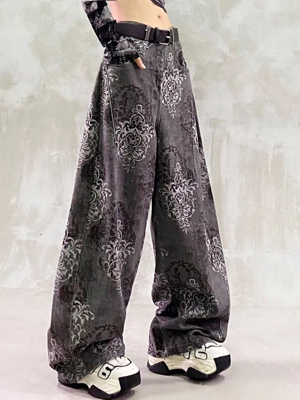 

Sli Printed Design Casual Denim Wide Leg Jeans Women's High Waist Loose Slimming Straight Banana Pants Commute Sle