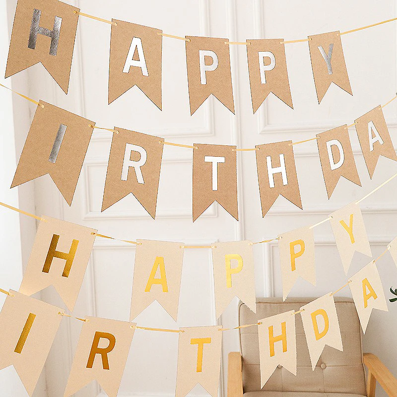Kraftpapier Happy Birthday Wimpelkette Partydekoration Kinderornament Babyparty Geburtstagsdekoration Wimpel CQCD – Detail 1