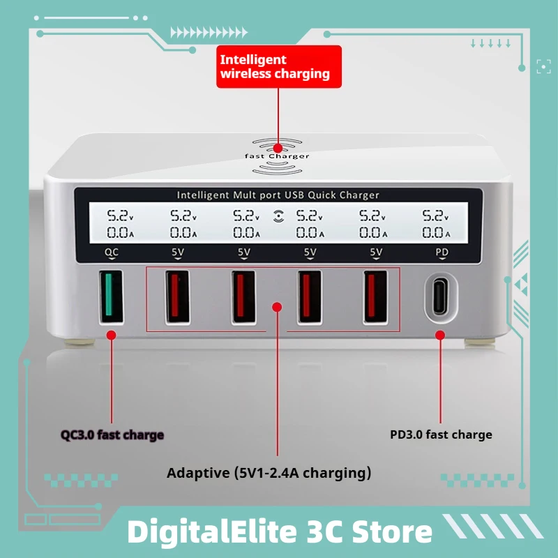 

New Multi-Port USB Charger High Power Fast Charging Wireless PD20W QC3.0 Desktop Multi-Hole Plug 100W Charging Efficiency
